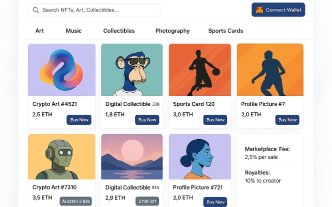 NFT marketplace dashboard UI with categories, grid of NFTs for sale, buy now and auction options, wallet connection, and fees.