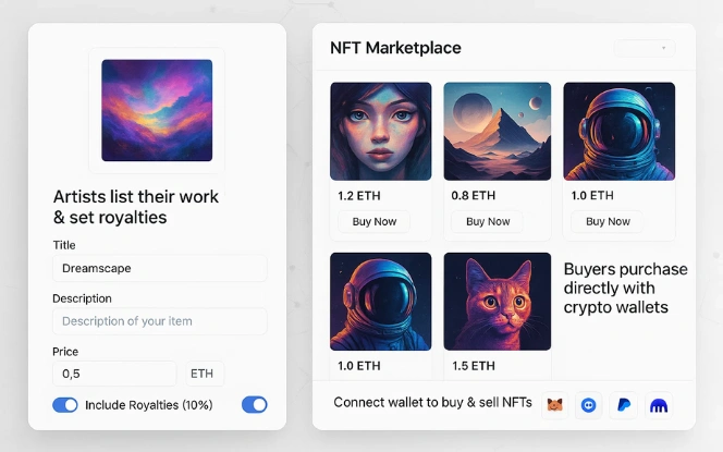NFT marketplace UI split between artist listing panel with royalty option and buyer marketplace grid for direct purchases.