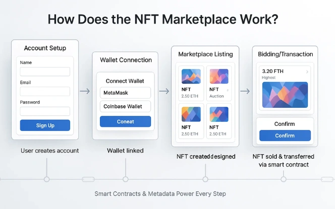 Step-by-step NFT marketplace workflow UI showing account setup, wallet connection, NFT listing, and bidding with smart contracts.