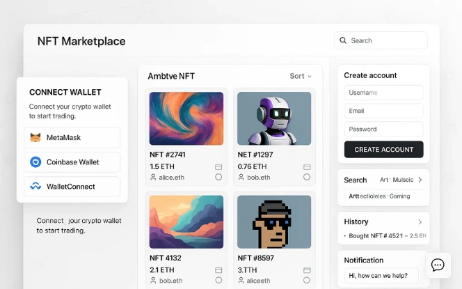NFT marketplace dashboard showing wallet connection options, NFT shop display, account creation, search, history, and alerts features.