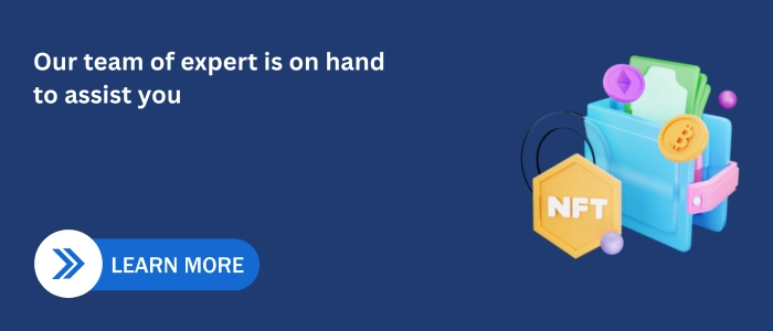 “CTA banner with NFT wallet illustration offering expert support for NFT marketplace guidance.”