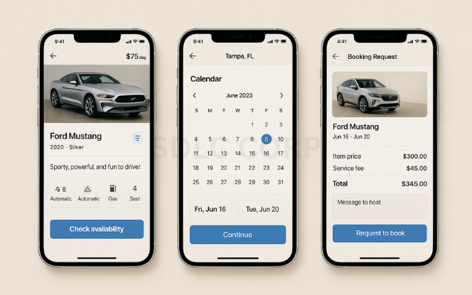 Understanding the Turo Model Three mobile screens showing a peer-to-peer car rental app interface including a car profile, booking calendar, and reservation confirmation, placed on a modern tabletop workspace with digital elements.