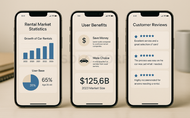 Why Build a Car Rental App Like Turo? Three mobile screens displaying key benefits of building a car rental app like Turo, including rental cost comparison, vehicle availability nearby, and user reviews, set on a professional tabletop workspace background.