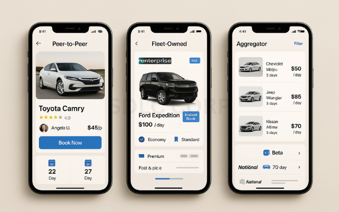 Business Models to Consider Three mobile screens displaying different car rental business models including peer-to-peer listings, company-owned fleet view, and aggregator partner car rentals, placed on a clean professional tabletop with digital workspace elements.