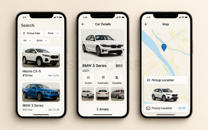 Core Functionalities Your App Must Have Three mobile screens showing core functionalities of a car rental app including advanced car search with filters, detailed vehicle listing with image gallery, and real-time GPS tracking, set on a professional tabletop with tech accessories.