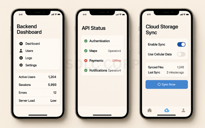 Tech Stack Recommendations Three mobile screens displaying backend settings, API integration interface, and cloud sync features of a car rental app, aligned on a professional tabletop workspace with a laptop, code snippets, and digital tools in the background.