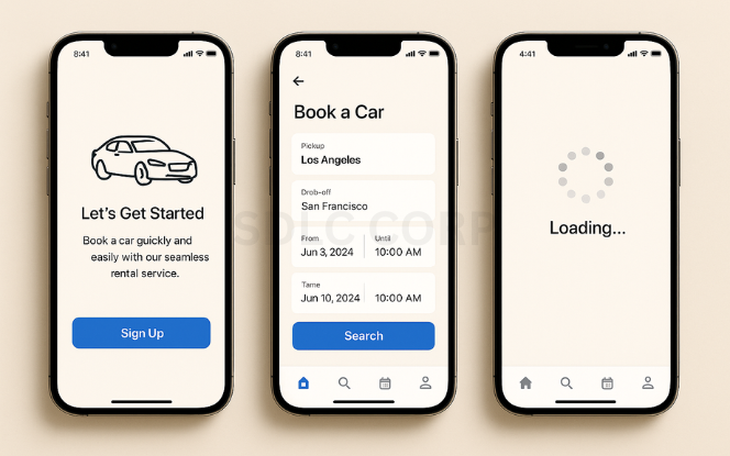 UI/UX Best Practices Three mobile screens showcasing user-friendly UI/UX elements of a car rental app, including an intuitive onboarding screen, smooth booking process, and animated loading indicator, arranged on a modern tabletop with design tools and sketchpads in the background.