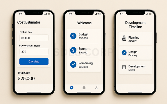 Cost to Build Turo-like Car Rental App Three mobile screens showing cost estimation tools for a car rental app including a pricing calculator, project budget tracker, and development timeline, placed on a professional tabletop with financial reports and tech accessories.