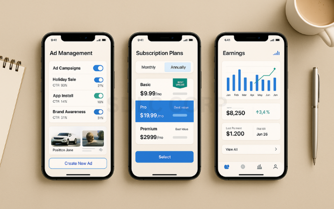 Monetization Strategies Three mobile screens showing monetization options in a car rental app including in-app advertisements, subscription plans, and commission earnings dashboard, all aligned on a modern tabletop with business charts and digital workspace elements.