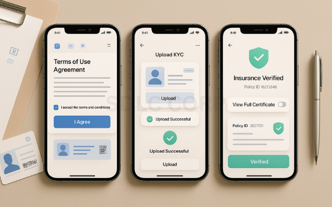 Legal Compliance and Insurance Three mobile screens displaying legal and insurance features of a car rental app, including ID verification, user agreement terms, and verified insurance badge, arranged on a professional tabletop with legal documents and tech tools in the background.