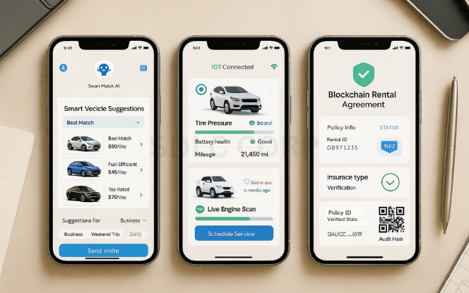 Future Trends and Scalability Three mobile screens displaying future-focused features of a car rental app such as AI-based recommendations, IoT car diagnostics, and blockchain-based smart contracts, all placed on a professional tabletop with futuristic tech accessories like VR headset and smart devices.