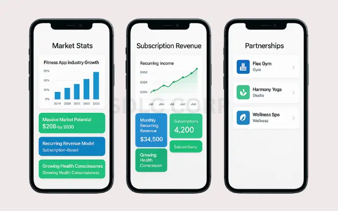 Three smartphones displaying market stats, subscription revenue, and partnerships to illustrate why build an app like Fitness Classpass