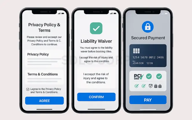 Three smartphones showing privacy policy consent, liability waiver, and secured payment screen with PCI-DSS compliance for a fitness app