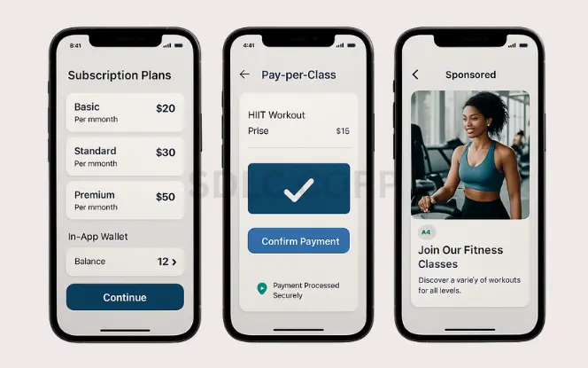 Mobile app screens showing subscription plans (Basic $20, Standard $30, Premium $50), pay-per-class HIIT workout payment confirmation, and a sponsored fitness class promotion with a woman exercising