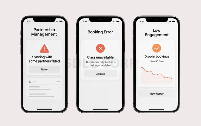 Three smartphones displaying partnership management error, booking error, and low engagement metrics illustrating challenges in building a fitness booking app