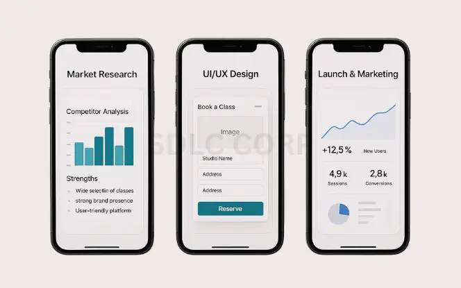 Three smartphones showing competitor analysis, UI/UX booking flow, and app launch marketing analytics representing steps to develop an app like Classpass