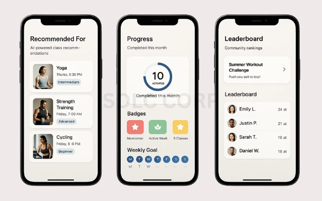 Mobile app screens showing AI-powered fitness class recommendations (Yoga, Strength Training, Cycling), user progress with 10 activities completed and badges earned, and a leaderboard for a Summer Workout Challenge with top participants