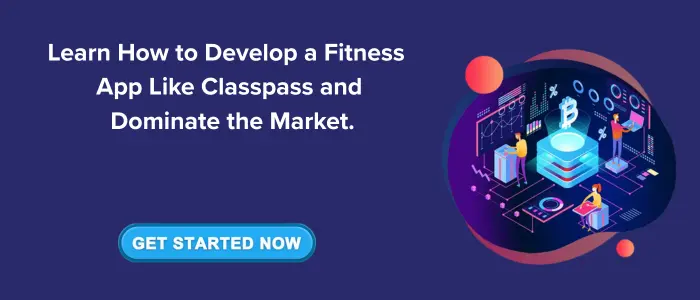 Banner with text 'Learn How to Develop a Fitness App Like Classpass and Dominate the Market' and a call-to-action button 'Get Started Now', featuring an illustration of futuristic technology and app development elements.