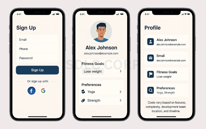 Mockup of ClassPass-like app showing sign-up screen, user profile with fitness goals and preferences, and profile details on three iPhone screens