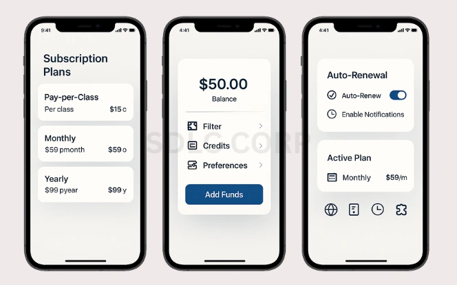 Mockup of ClassPass-like app displaying subscription plans, in-app wallet balance, and auto-renewal options on three iPhone screens