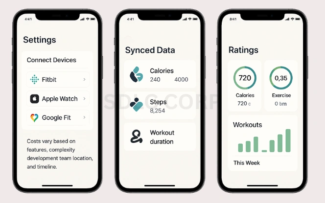 Mockup of ClassPass-like app showing wearable integration, synced fitness data, and workout ratings on three iPhone screens