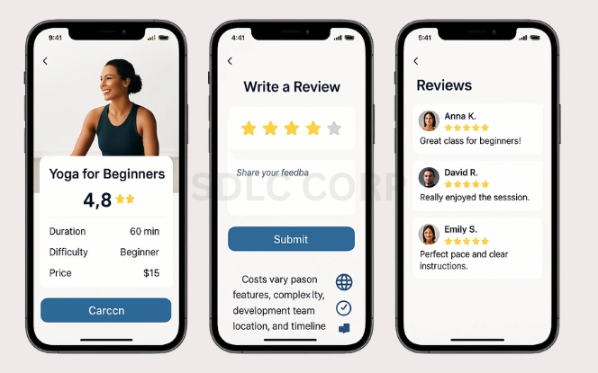 Mockup of ClassPass-like app showing class details for Yoga for Beginners, write a review screen, and user reviews on three iPhone screens