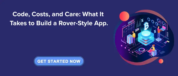 Promotional banner featuring the text ‘Code, Costs, and Care: What It Takes to Build a Rover-Style App’ with a glowing ‘Get Started Now’ button. On the right, a colorful isometric illustration depicts developers working around a blockchain-inspired 3D interface with icons like Bitcoin and code, set against a futuristic, tech-savvy background. Branding reflects SDLC Corp’s focus on modern app development solutions.