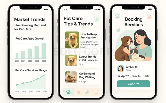 Three smartphone screens displaying pet care market trends, health tips for pets, and booking services with a pet sitter, highlighting the rising demand for pet care apps