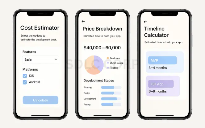 Timeline calculator showing development stages and cost estimates for a pet care app like Rover