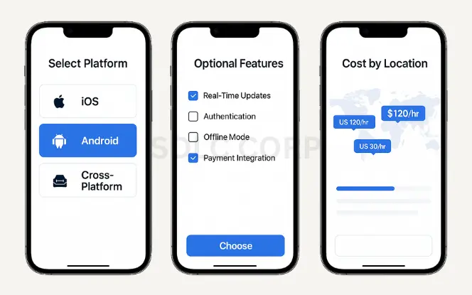 Three smartphone screens displaying platform selection options, optional app features like real-time updates and payment integration, and hourly development rates by location