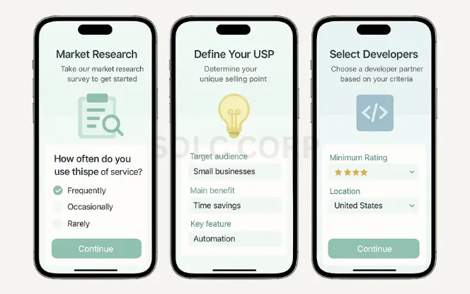 Three mobile screens displaying steps to start pet care app development including cost estimation, feature selection, and regional pricing insights
