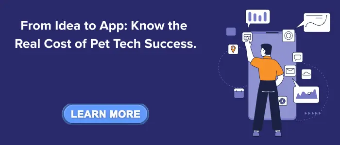 Man interacting with app icons on a giant phone, with text ‘From Idea to App: Know the Real Cost of Pet Tech Success’ and a ‘Learn More’ button. Tech-focused CTA by SDLC Corp.