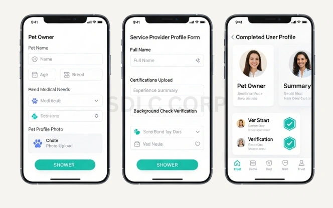 Screenshots of a pet care app showing pet owner form, service provider profile form, and completed user profile with verification details