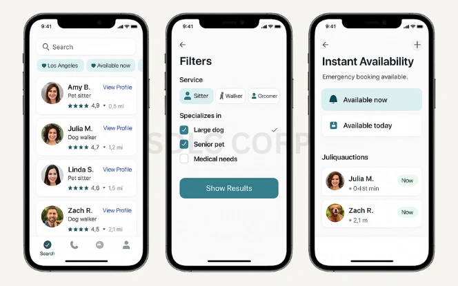 Pet care app screenshots showing search results for sitters and walkers, filters for pet type and services, and instant availability options