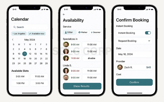 Pet care app screenshots displaying calendar for slot selection, provider availability, and booking confirmation with service details and cost