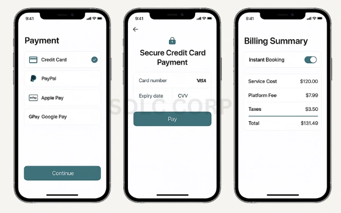 Pet care app screenshots showing payment method selection, secure credit card form, and detailed billing summary with fees and total cost
