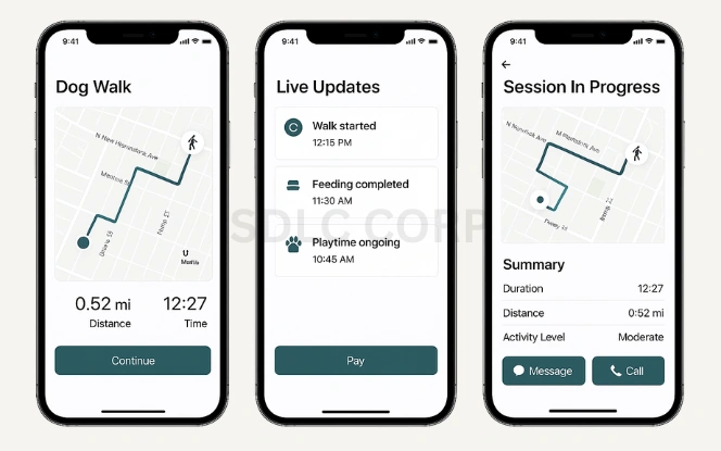Pet care app screenshots showing dog walk tracking map, live updates on activities like feeding and playtime, and session summary with distance and duration