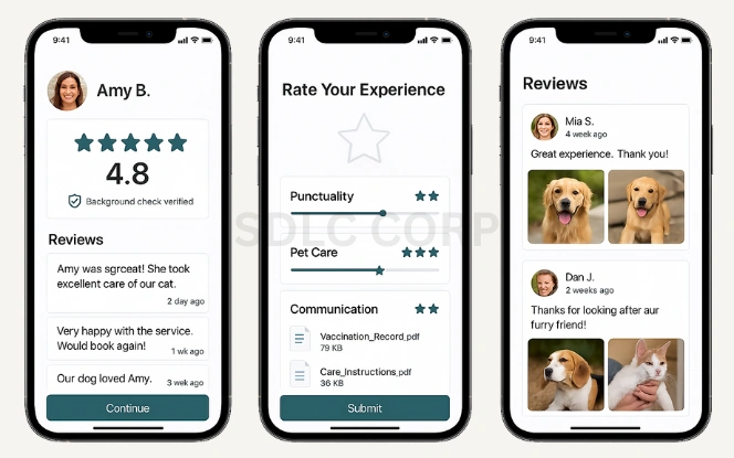 Pet care app screenshots showing service provider ratings and reviews, experience rating form with categories like punctuality and pet care, and user review examples with pet photos