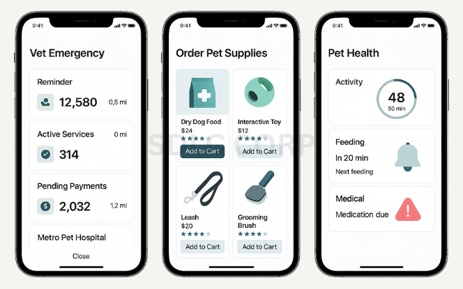 Pet care app screenshots showing vet emergency details with nearby hospital, pet supply ordering options, and pet health tracking with activity, feeding, and medication alerts