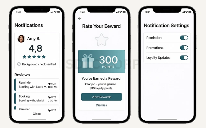 Push notification features for reminders, promotions, and loyalty points., and notification settings for reminders, promotions, and loyalty updates