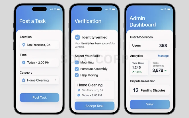 Illustration of a user engaging with the TaskRabbit platform, showcasing how individuals hire taskers for everyday services like furniture assembly, cleaning, and home repairs.