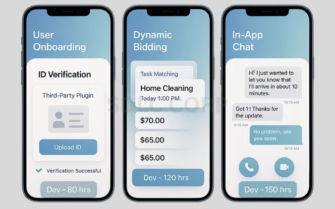 Infographic illustrating key app features such as user registration, real-time chat, task scheduling, GPS tracking, and payment gateway integration, with estimated development costs for each component.