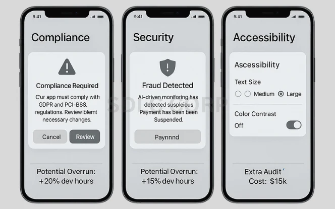 Visual representation of elements that drive up app development costs, including advanced feature requests, custom UI/UX design, integration with third-party APIs, support for multiple platforms, scalability requirements, and enhanced data security.