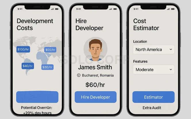Comparison chart showing how app development costs vary by region, highlighting higher hourly rates in North America and Western Europe, and lower costs in South Asia, Eastern Europe, and Latin America due to differences in labor markets and operational expenses.