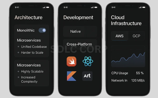 Illustration detailing how different software architectures and tech stack choices affect app development costs, including comparisons between monolithic and microservices architectures, use of frameworks like React or Angular, backend technologies such as Node.js or Django, cloud providers like AWS or Azure, and the impact of scalability and performance requirements.