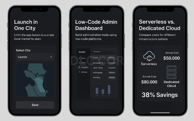 Visual guide presenting cost-saving strategies for app development, including building a minimum viable product (MVP), leveraging open-source tools, outsourcing to affordable yet skilled regions, focusing on essential features first, and following agile methodologies to maintain quality while reducing expenses.