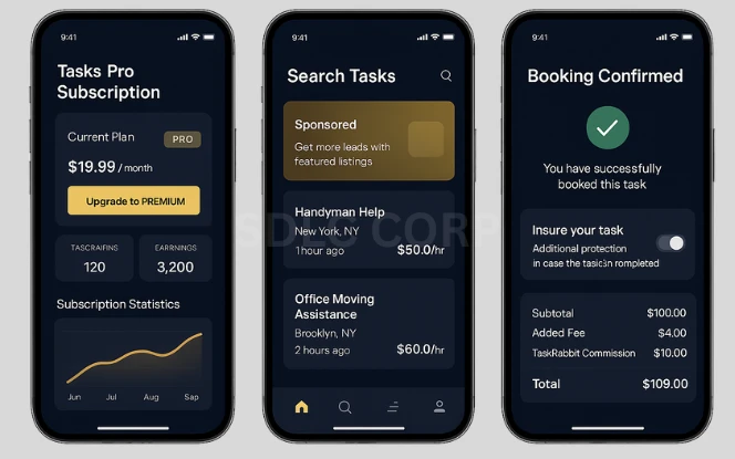 Graphic outlining different monetization strategies for mobile and web apps, including in-app purchases for digital goods, tiered subscription models, freemium access with paid upgrades, display ads and sponsored content, referral incentives, and revenue sharing through marketplace commissions.