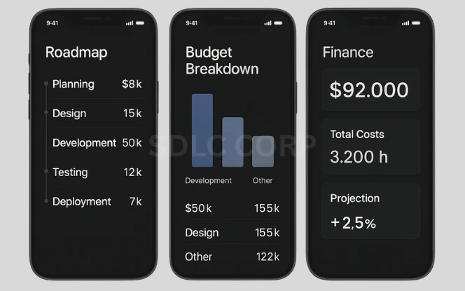 Infographic presenting a real-world app development budget, detailing how costs are allocated across various phases including UI/UX design, front-end and back-end development, quality assurance, project management, cloud hosting, and ongoing maintenance, with percentage or cost values assigned to each category.