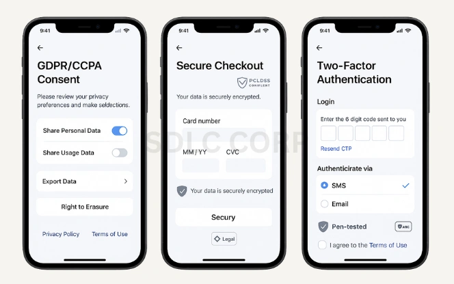Three mobile screens showing GDPR consent, secure payment, and two-factor authentication for a pet care app