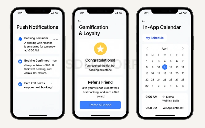 Mobile screens showing push notifications, loyalty rewards, and in-app calendar for pet care app user engagement